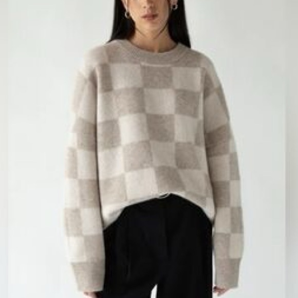 OAK + FORT Sweaters - OAK + FORT Beige Checkered Crewneck Sweater